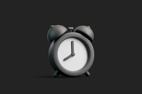 Black 3D alarm clock angled on dark background Illustrazione stock