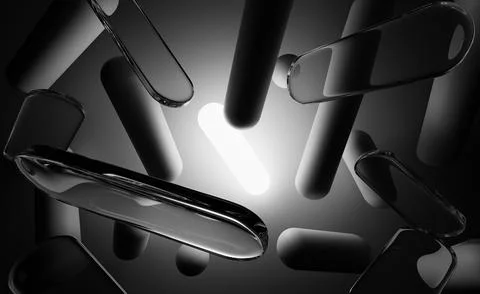 Black 3d background with white neon glowing rounded line, flying abstract Stock Illustration