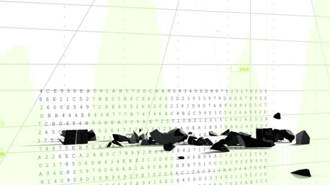 Black 3D$ descending, colliding, breaking, settling, green chart rising, Stock Footage 335314525