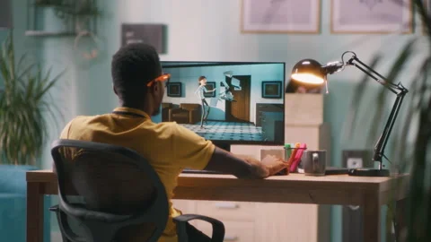 Black 3D designer creating tutorial on computer Stock Footage 162444229