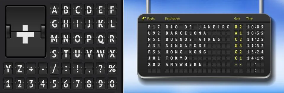 Black 3d flight timetable with departure or arrival. Vector airport board with Stock Illustration