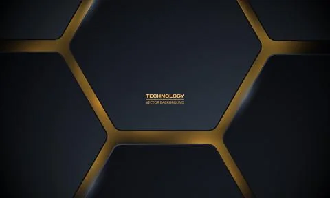 Black 3d hexagonal technology vector abstract background with gold bright Stock Illustration