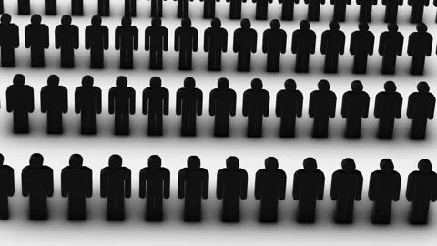 Black 3D Male Figures Closely Aligned on White Floor with Shadow. Stock Footage 342307690