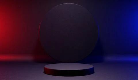 Black 3D podium display with circular backdrop on dark blue and red background Stock Illustration