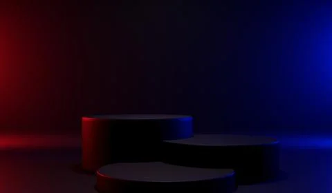 Black 3D podium display set on dark blue and red studio background Stock Illustration