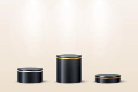 Black 3d podium for presentation of product with round gold, silver and bronze Stock Illustration