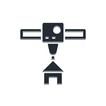 Black 3D printer house icon isolated on white background. 3d printing.  Vecto Illustrazione stock