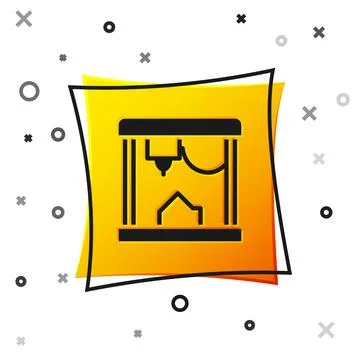 Black 3D printer icon isolated on white background. Yellow square button. Vector Stock Illustration
