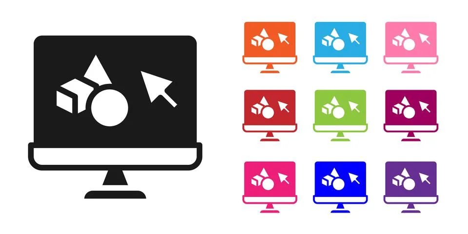 Black 3D printer software icon isolated on white background. 3d printing. Set Stock Illustration