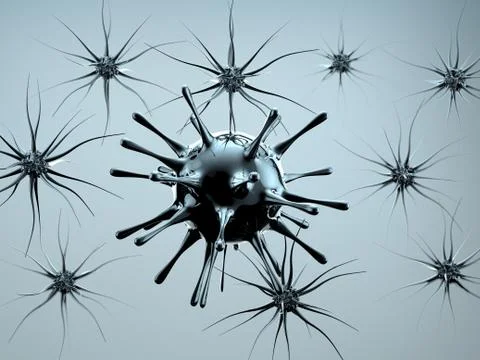 Black 3D virus model on blurry neuron background. depth of field 3d rendering 스톡 일러스트