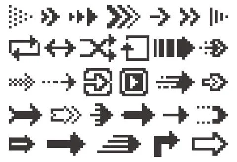 Black 8 bit arrows. Retro pixel art cursors, navigation icons, arcade game Stock Illustration