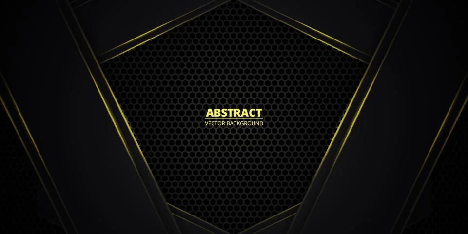 Black abstract background with hexagon grid and yellow luminous lines. Illustrazione stock
