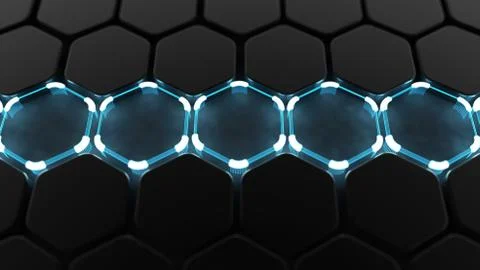 Black abstract background with hexagons and glow. 3d illustration, 3d renderi Stock Illustration