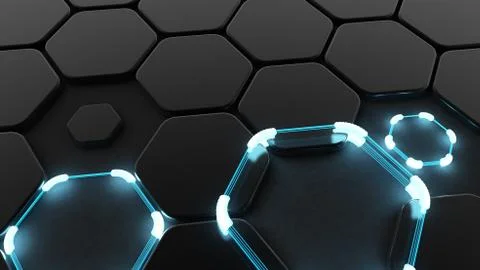 Black abstract background with hexagons and glow. 3d illustration, 3d renderi Stock Illustration