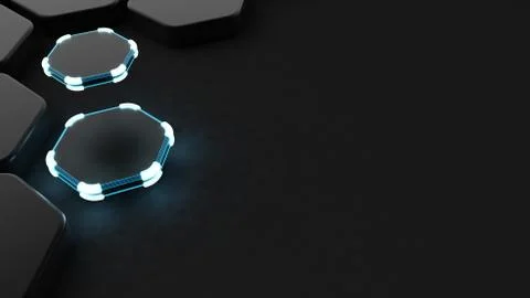 Black abstract background with hexagons and glow. 3d illustration, 3d renderi Stock Illustration