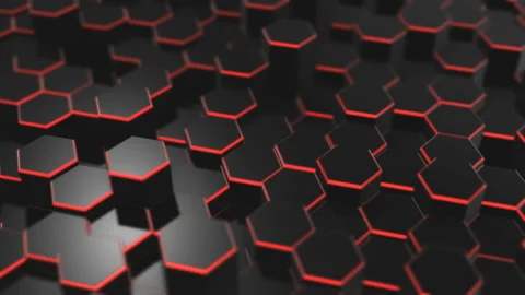 Black abstract background of randomly moving hexagons with red backlighting Stock Footage 132410125