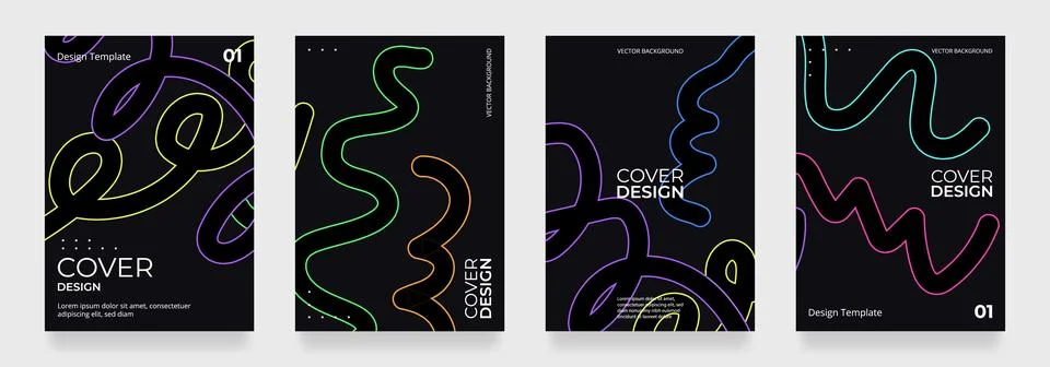 Black abstract background vector set with colorful hand drawn outline squiggles Stock Illustration