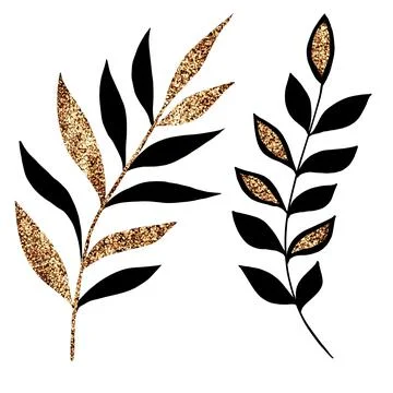 Black abstract decorative branches with gold glitter leaves Stock Illustration