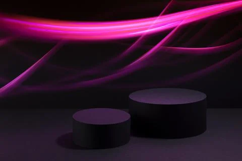 Black abstract stage with two circle podiums mockup, stripes, trails of energ Stock Photos