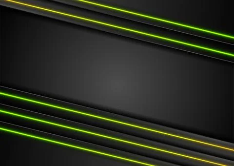 Black abstract striped background with green yellow neon lines Stock Illustration