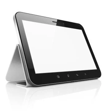 Black abstract tablet computer (tablet pc) with stand on white b Stock Illustration