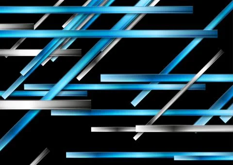 Black abstract tech background with blue and metallic glossy stripes 스톡 일러스트