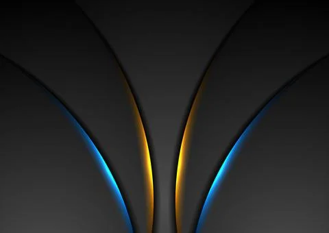 Black abstract wavy background with blue orange neon lights 스톡 일러스트