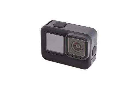 Black action camera with screen. front view, isolated white background. Stock Photos