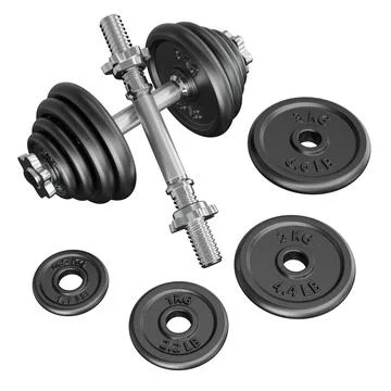 Black Adjustable Dumbbell and one taken apart. Rod handle, weight plates Stock Illustration