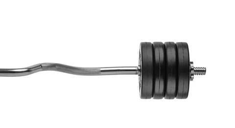 A black adjustable dumbbell with multiple weight plates on a steel bar isolated Stock Photos