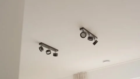 Black Adjustable Spotlights On White Ceiling, Modern Living Room, Slow Pan Shot Vídeo Stock 341571888