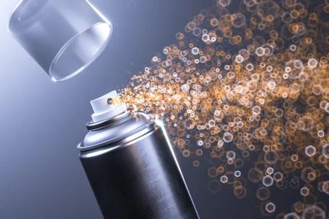 Black Aerosol Paint Can With Empty Space Spraying Golden Sparks On Blue Stock Illustration