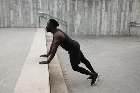 Black afro man doing workout outdoor, health and lifestyle concept. Fotos Stock