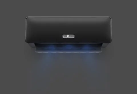 Black air conditioner with flow of cold wind wave 3d render. Split system Stock Illustration