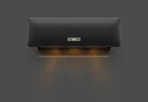 Black air conditioner with warm wind wave 3d render. Realistic mockup electronic Stock Illustration