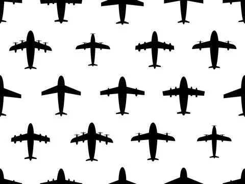 Black aircraft silhouettes seamless pattern. Aircraft with turbines and prope Illustrazione stock