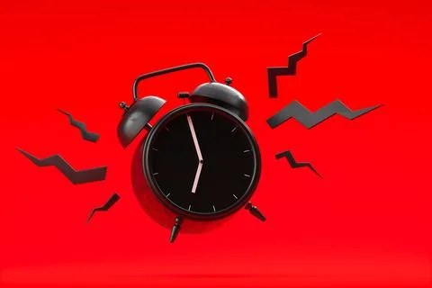 Black alarm clock is ringing on red background. Time to begin new day and new 库存插图