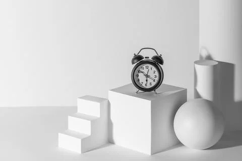Black alarm clock on white 3d paper shapes with copy space Stock Illustration