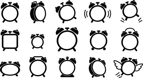 Black alarm clocks in different styles for time management and waking up Stock Illustration