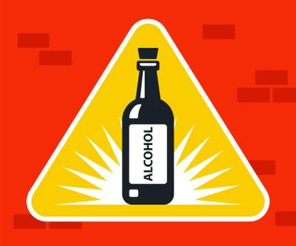 Black alcohol bottle icon on a triangular road sign. Illustrazione stock
