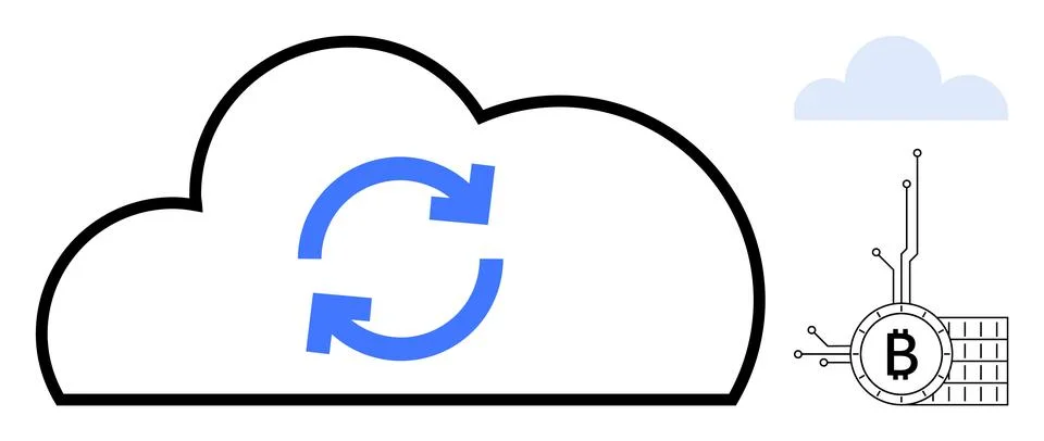 Black and blue cloud with sync arrows and bitcoin symbol connected to circuit Stock Illustration