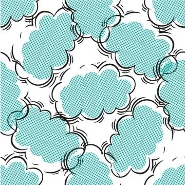 Black and blue seamless pattern with clouds, halftone style Stockillustratie