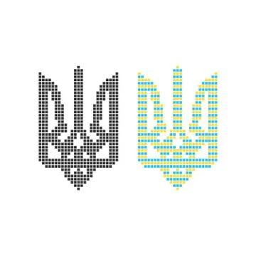 Black and colored pixel art ukrainian emblem Stock Illustration