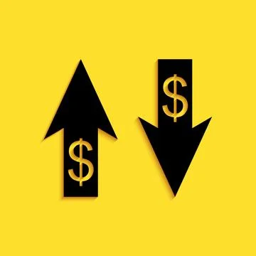 Black Up and Down arrows with dollar symbol icon isolated on yellow background Stock Illustration