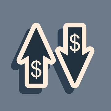 Black Up and Down arrows with dollar symbol icon isolated on grey background Stock Illustration