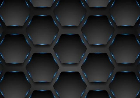 Black and glowing blue hexagonal pattern background Illustrazione stock