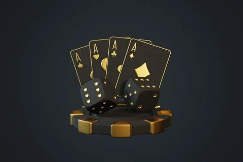 Black and Gold Casino Set with Cards and Dice. 3D render illustration Stock Illustration