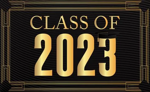 Black and gold class of 2023 Graduation design template. Vintage party invi.. Illustrazione stock