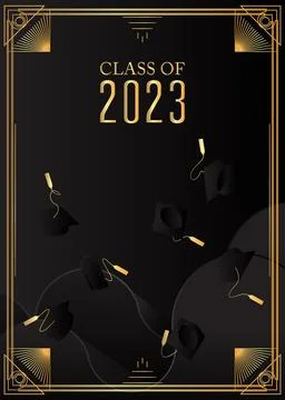 Black and gold class of 2023 Graduation design template. Vintage party invi.. 库存插图