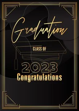Black and gold class of 2023 Graduation design template. Vintage party invi.. Illustrazione stock